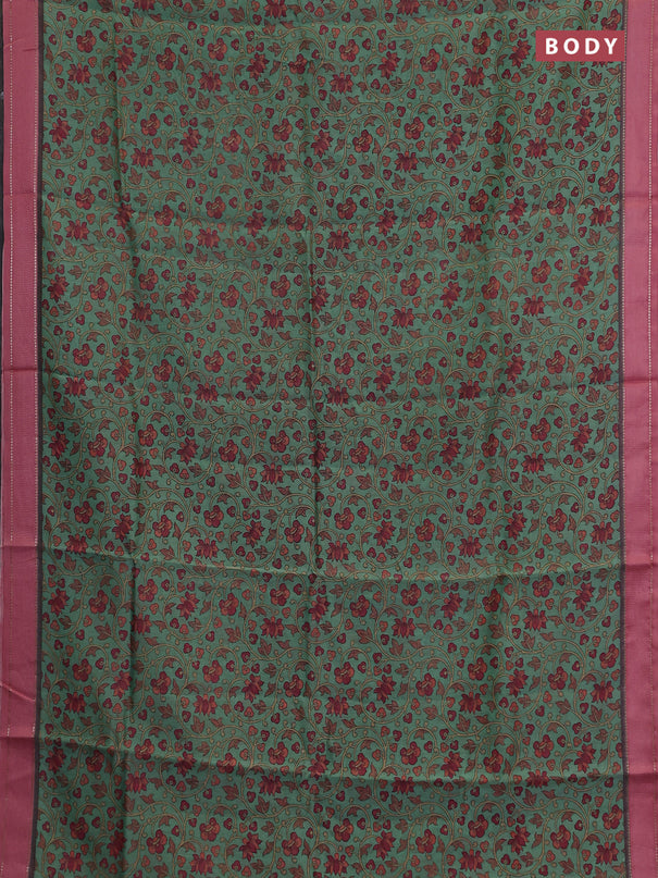 Chanderi silk cotton saree green and pink with allover kalamkari prints and woven border