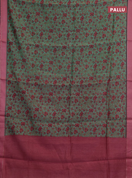 Chanderi silk cotton saree green and pink with allover kalamkari prints and woven border