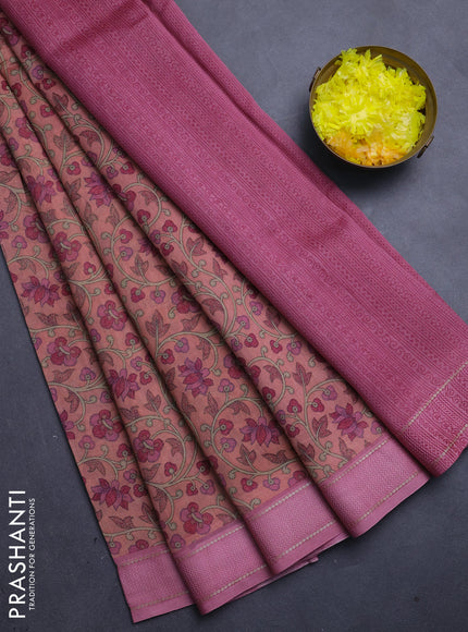 Chanderi silk cotton saree dark peach and pink with allover kalamkari prints and woven border