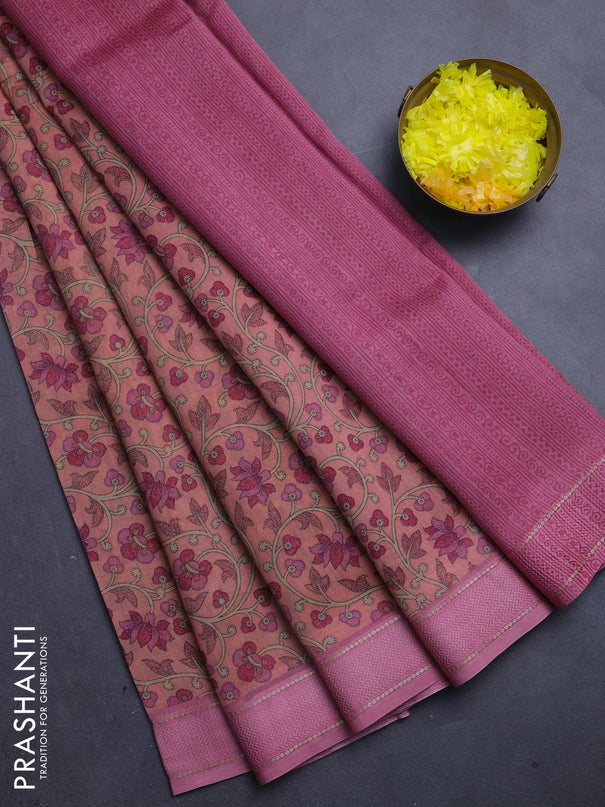 Chanderi silk cotton saree dark peach and pink with allover kalamkari prints and woven border