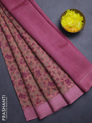 Chanderi silk cotton saree dark peach and pink with allover kalamkari prints and woven border