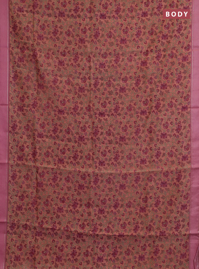 Chanderi silk cotton saree dark peach and pink with allover kalamkari prints and woven border