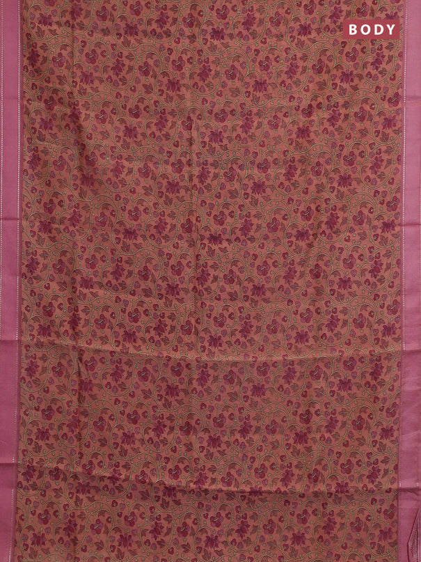 Chanderi silk cotton saree dark peach and pink with allover kalamkari prints and woven border