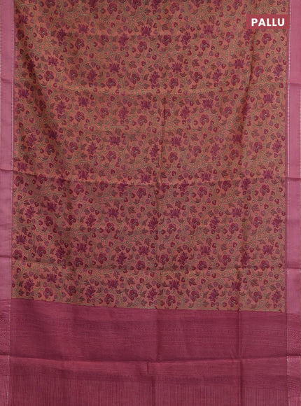 Chanderi silk cotton saree dark peach and pink with allover kalamkari prints and woven border