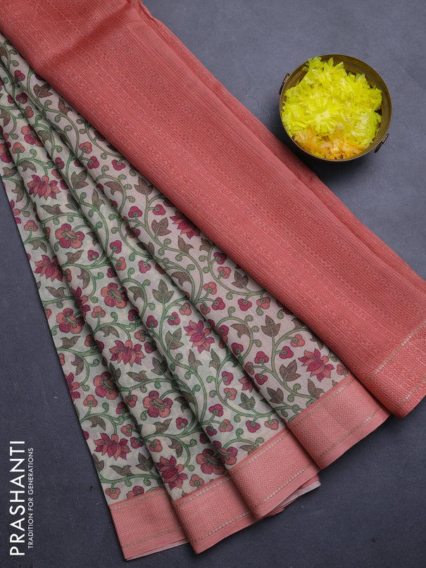Chanderi silk cotton saree cream and peach with allover kalamkari prints and woven border