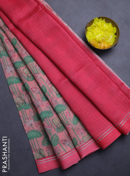 Chanderi silk cotton saree mild peach with allover pichwai prints and zari woven simple border