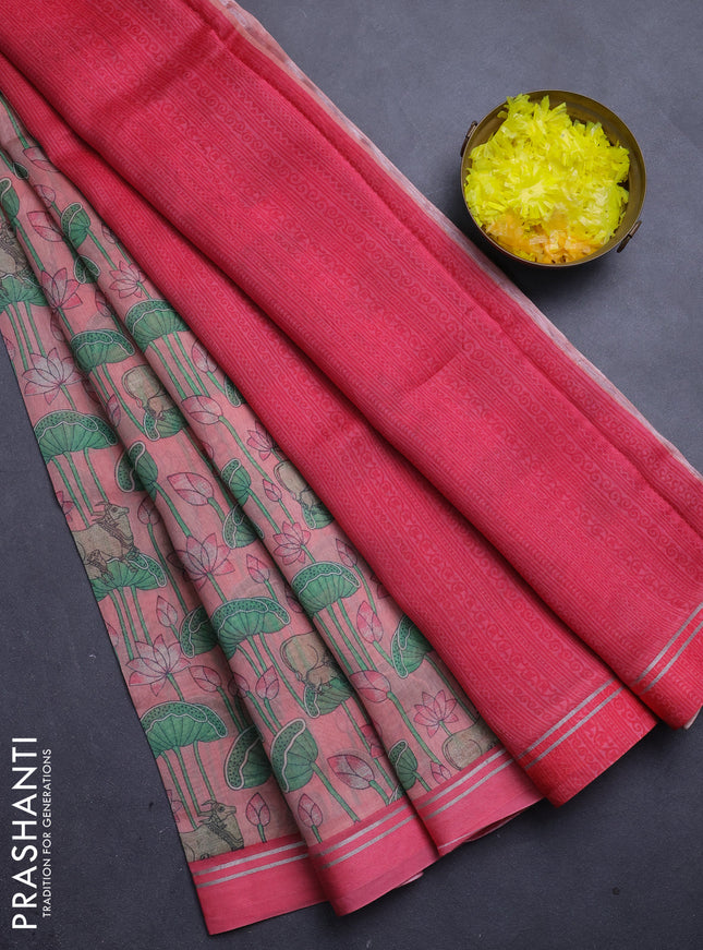 Chanderi silk cotton saree mild peach with allover pichwai prints and zari woven simple border