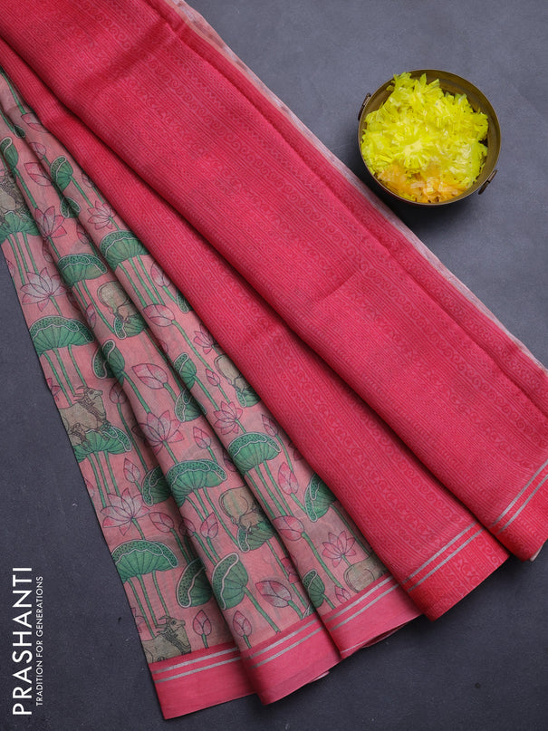 Chanderi silk cotton saree mild peach with allover pichwai prints and zari woven simple border