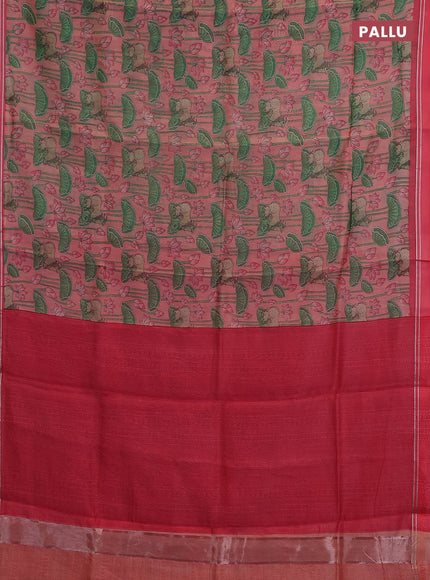 Chanderi silk cotton saree mild peach with allover pichwai prints and zari woven simple border