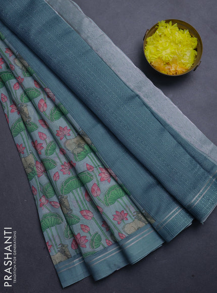 Chanderi silk cotton saree pastel blue with allover pichwai prints and zari woven simple border