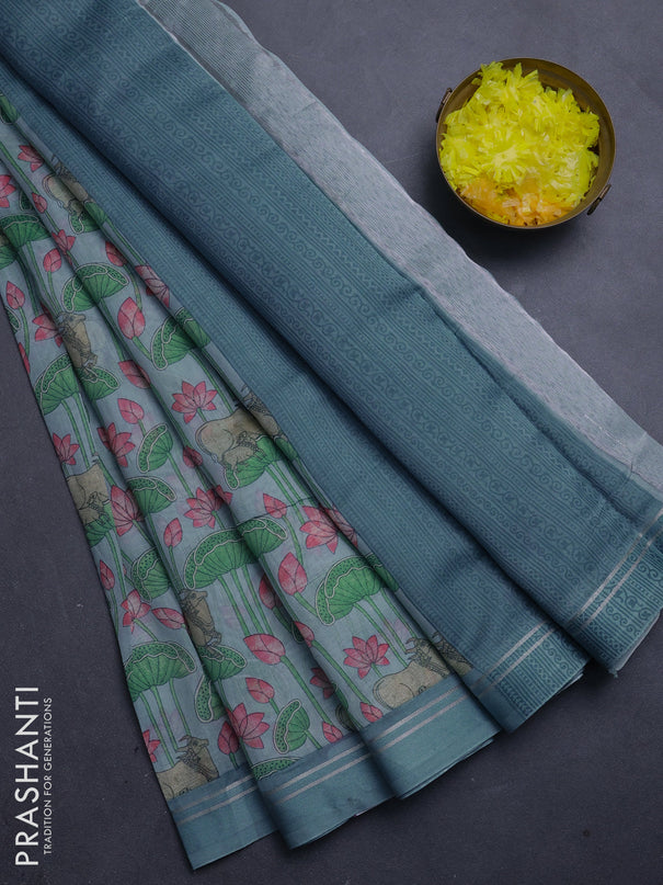 Chanderi silk cotton saree pastel blue with allover pichwai prints and zari woven simple border