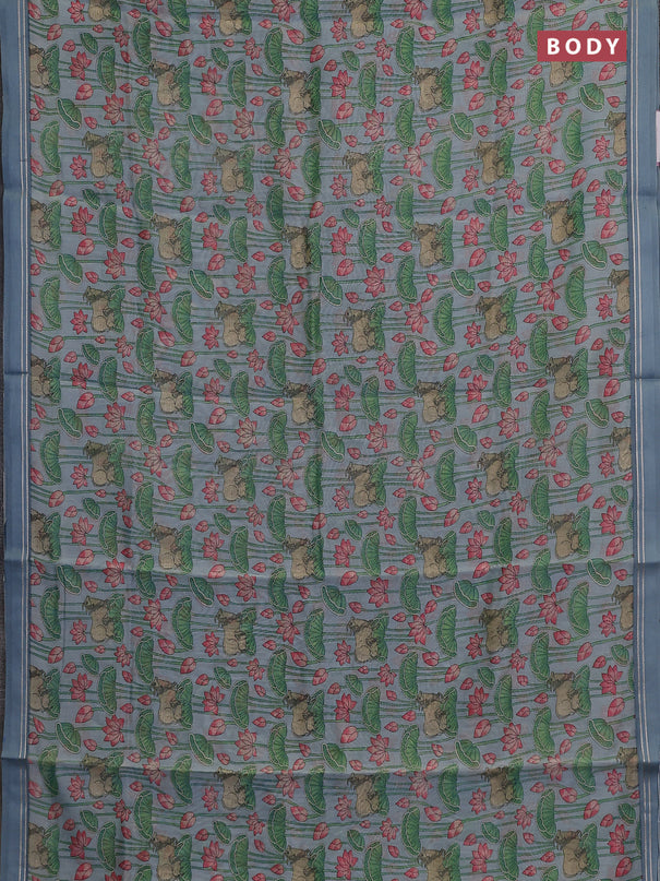 Chanderi silk cotton saree pastel blue with allover pichwai prints and zari woven simple border