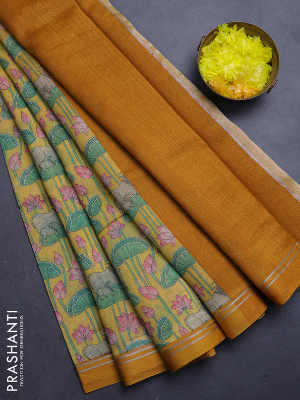 Chanderi silk cotton saree yellow and mustard with allover pichwai prints and zari woven simple border