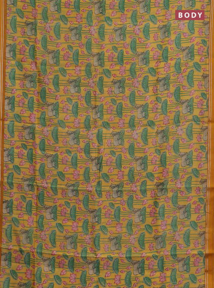 Chanderi silk cotton saree yellow and mustard with allover pichwai prints and zari woven simple border