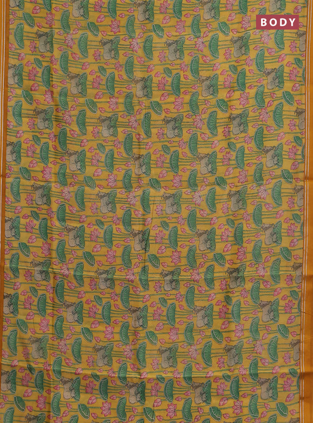 Chanderi silk cotton saree yellow and mustard with allover pichwai prints and zari woven simple border