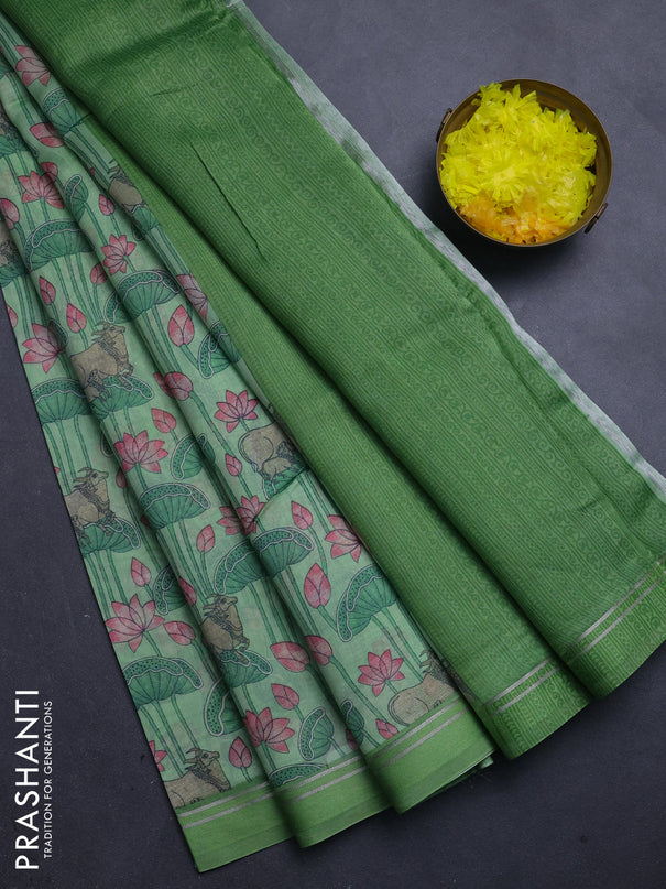 Chanderi silk cotton saree pista green with allover pichwai prints and zari woven simple border