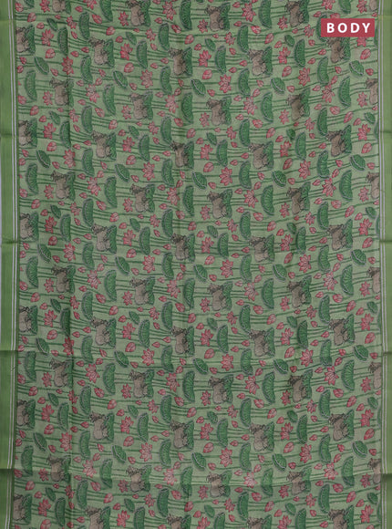 Chanderi silk cotton saree pista green with allover pichwai prints and zari woven simple border