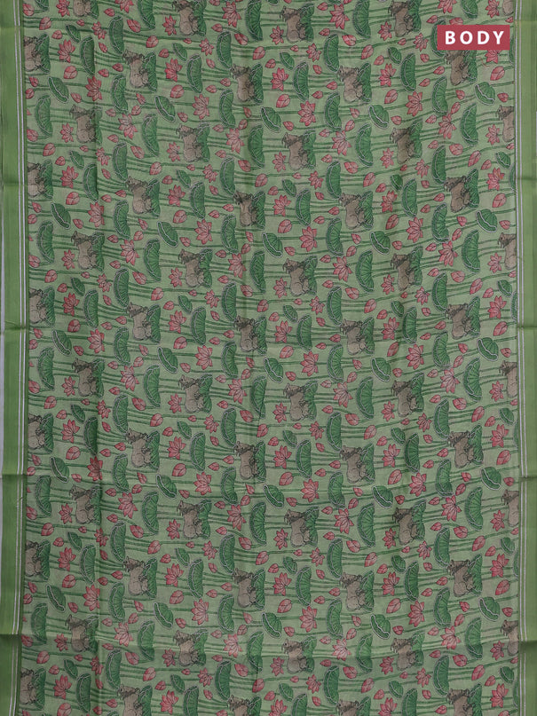 Chanderi silk cotton saree pista green with allover pichwai prints and zari woven simple border