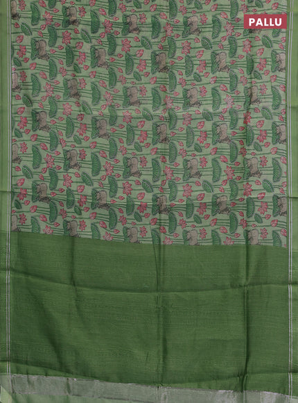 Chanderi silk cotton saree pista green with allover pichwai prints and zari woven simple border