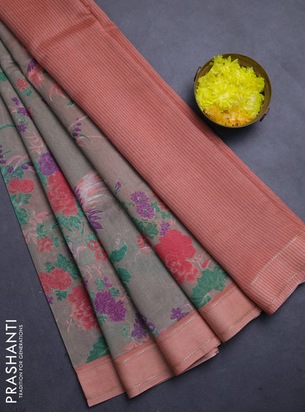 Chanderi silk cotton saree beige and peach with allover floral prints and woven border