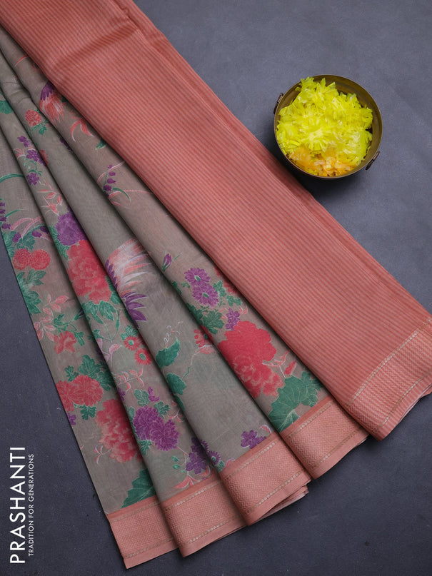 Chanderi silk cotton saree beige and peach with allover floral prints and woven border