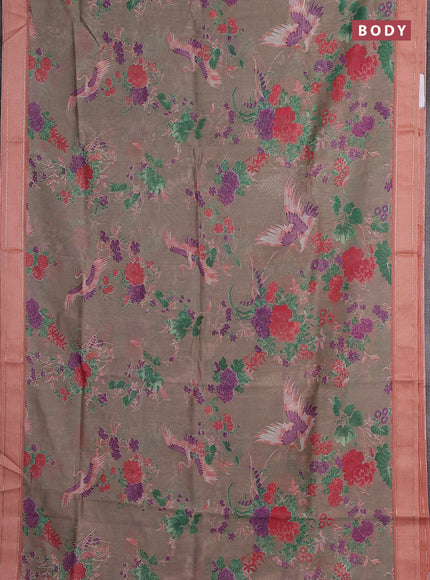 Chanderi silk cotton saree beige and peach with allover floral prints and woven border