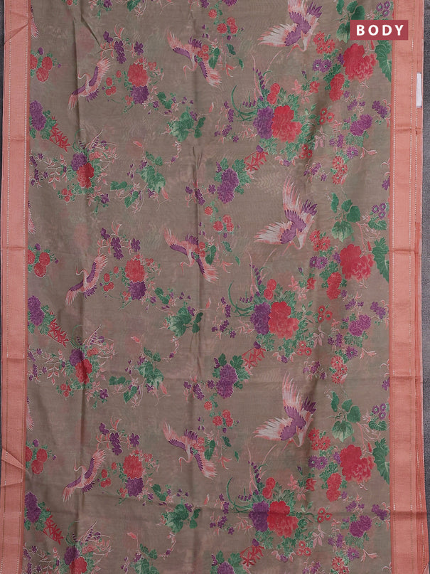 Chanderi silk cotton saree beige and peach with allover floral prints and woven border