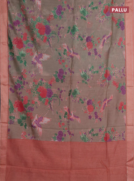 Chanderi silk cotton saree beige and peach with allover floral prints and woven border