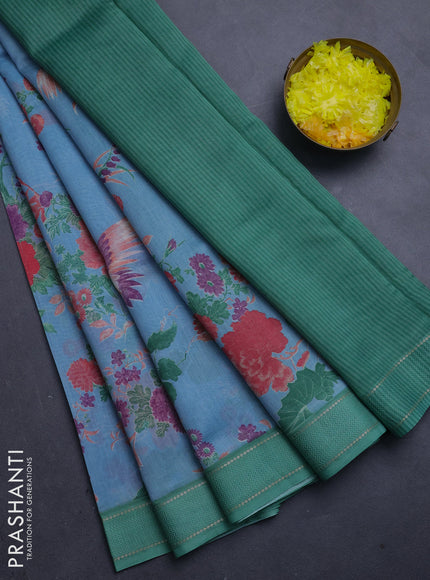 Chanderi silk cotton saree blue shade and green with allover floral prints and woven border