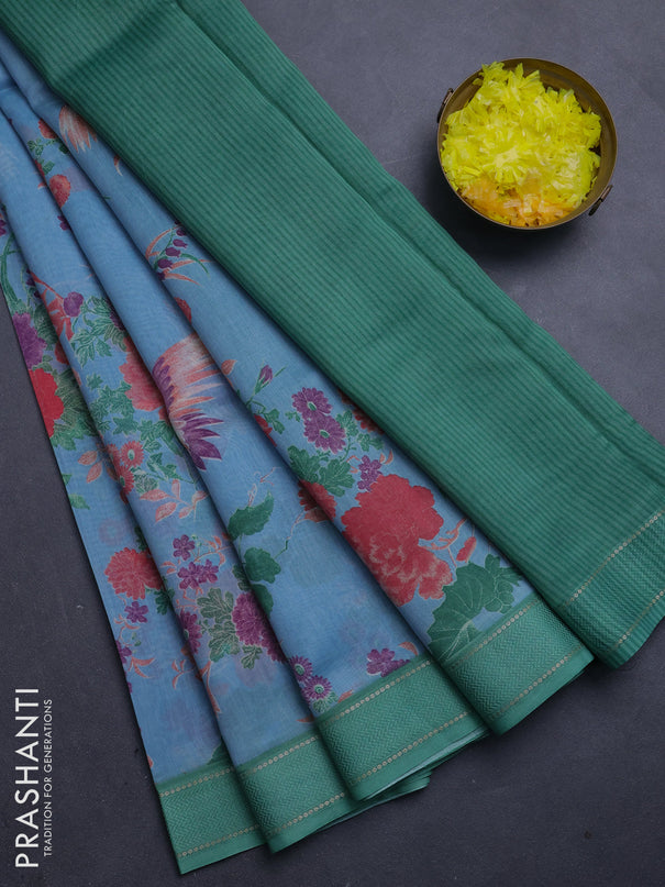 Chanderi silk cotton saree blue shade and green with allover floral prints and woven border