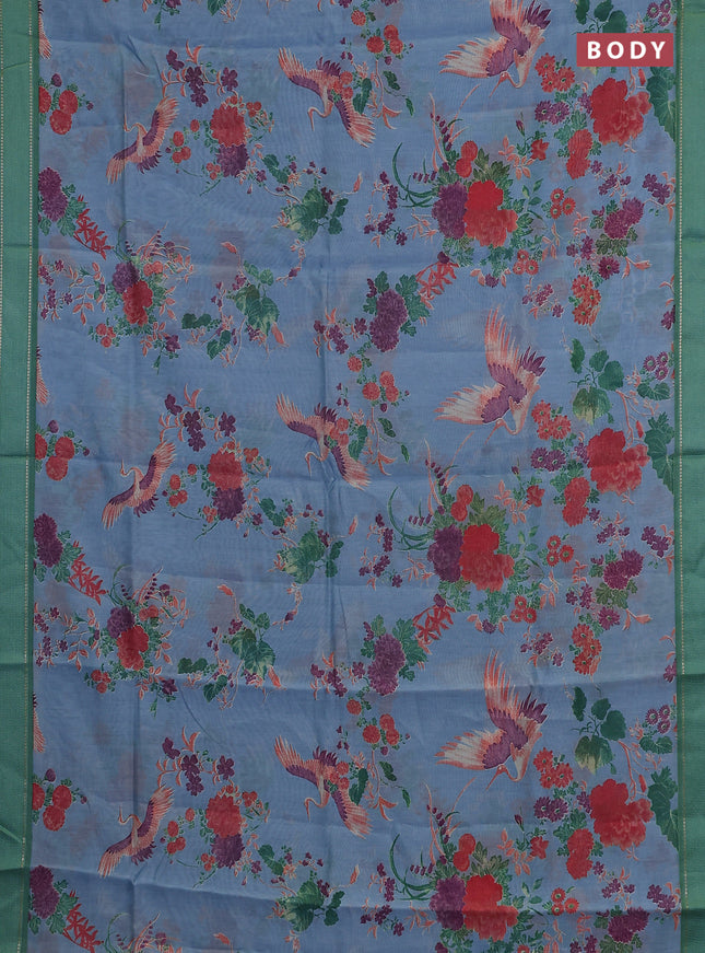 Chanderi silk cotton saree blue shade and green with allover floral prints and woven border