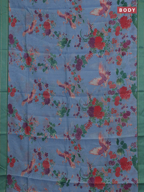 Chanderi silk cotton saree blue shade and green with allover floral prints and woven border