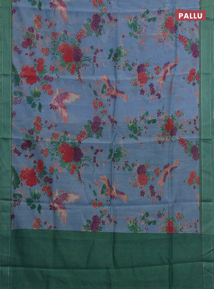 Chanderi silk cotton saree blue shade and green with allover floral prints and woven border