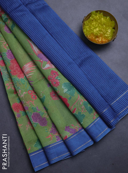 Chanderi silk cotton saree light green and blue with allover floral prints and woven border