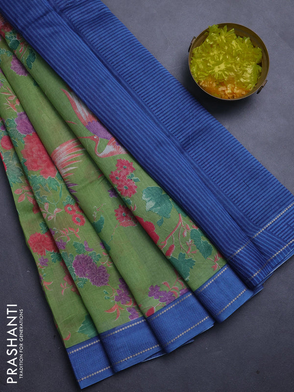 Chanderi silk cotton saree light green and blue with allover floral prints and woven border