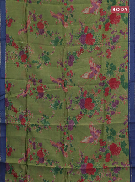 Chanderi silk cotton saree light green and blue with allover floral prints and woven border