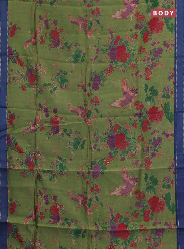 Chanderi silk cotton saree light green and blue with allover floral prints and woven border