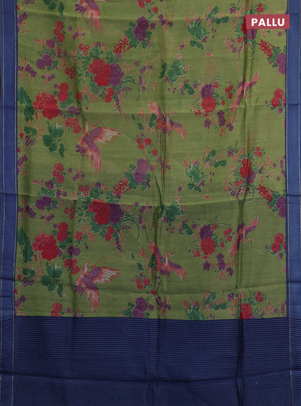 Chanderi silk cotton saree light green and blue with allover floral prints and woven border