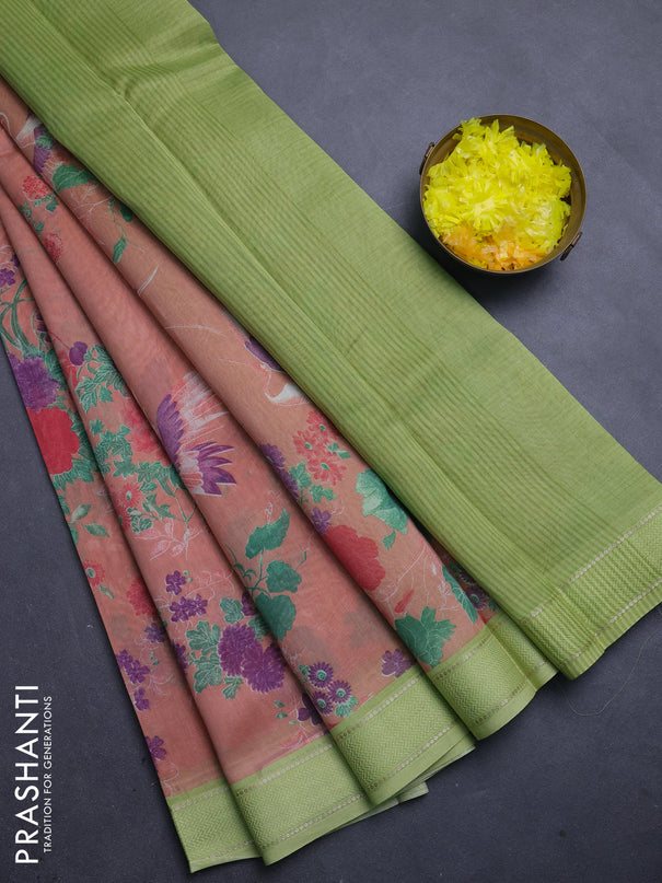 Chanderi silk cotton saree peach and light green with allover floral prints and woven border
