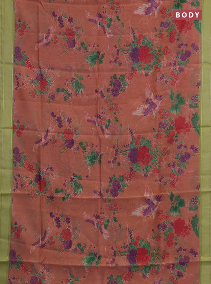Chanderi silk cotton saree peach and light green with allover floral prints and woven border