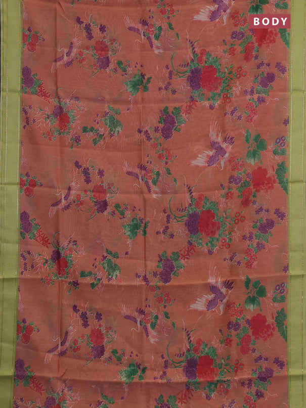 Chanderi silk cotton saree peach and light green with allover floral prints and woven border