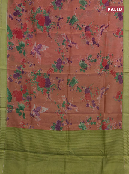 Chanderi silk cotton saree peach and light green with allover floral prints and woven border