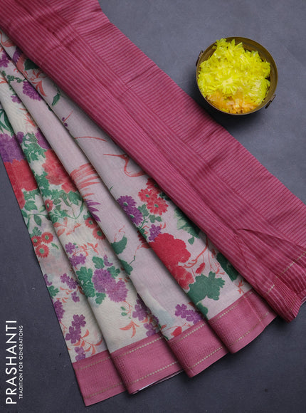 Chanderi silk cotton saree cream and pink with allover floral prints and woven border