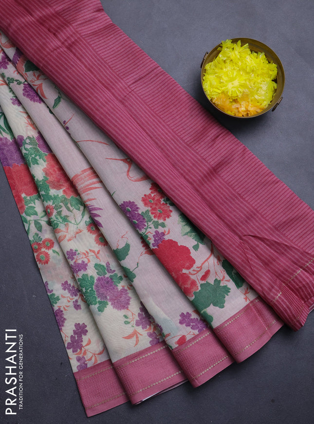 Chanderi silk cotton saree cream and pink with allover floral prints and woven border