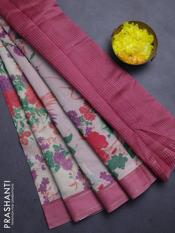 Chanderi silk cotton saree cream and pink with allover floral prints and woven border