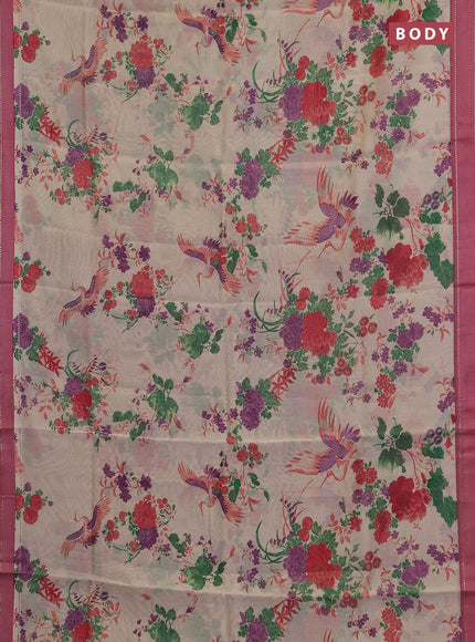 Chanderi silk cotton saree cream and pink with allover floral prints and woven border