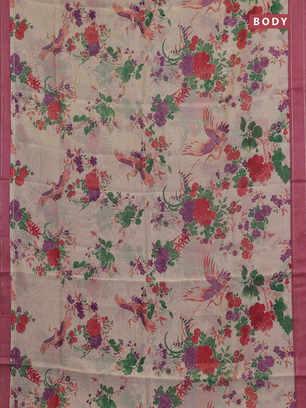 Chanderi silk cotton saree cream and pink with allover floral prints and woven border