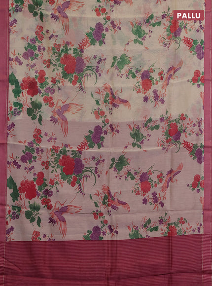 Chanderi silk cotton saree cream and pink with allover floral prints and woven border