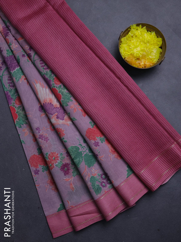 Chanderi silk cotton saree lavender shade and pink with allover floral prints and woven border