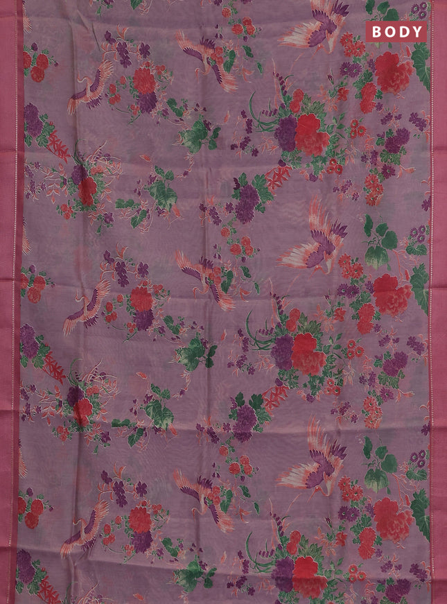 Chanderi silk cotton saree lavender shade and pink with allover floral prints and woven border